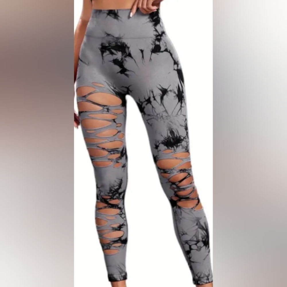 M/L Womens Seamless Tie Dye Leggings Gray Black